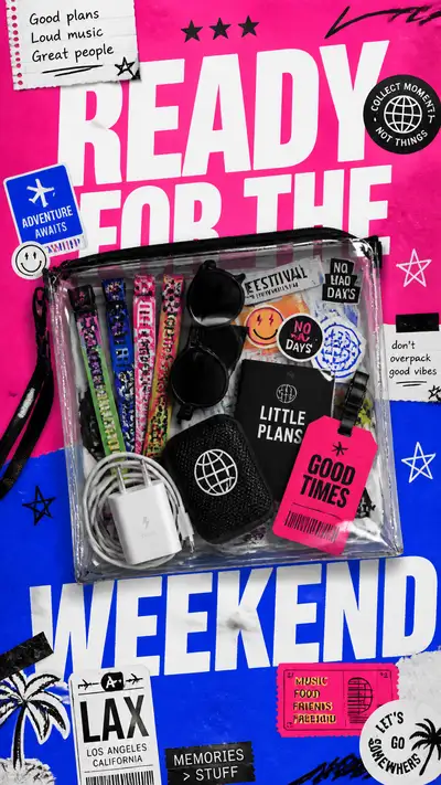 Pôster publicitário de estilo de vida de um kit de sobrevivência para o fim de semana