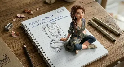 Prompt de niña con ilusión 3D saliendo de una página de cuaderno