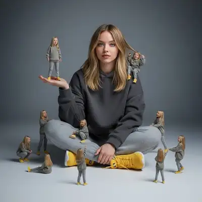 Surreal portrait surrounded by miniature versions of oneself