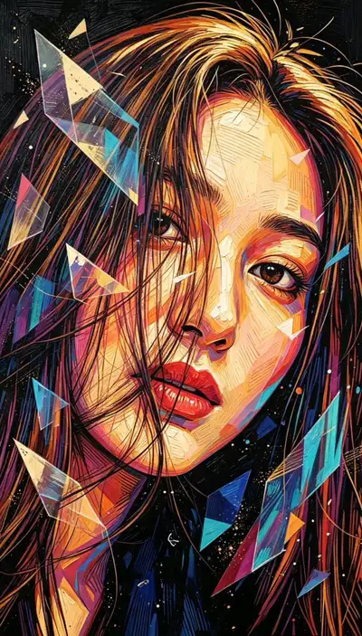 Retrato grabado estilo xilografía con superposiciones geométricas