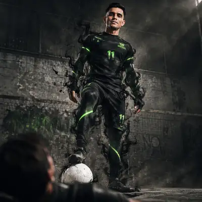Galactic football player in shadow-flux uniform, street arena scene