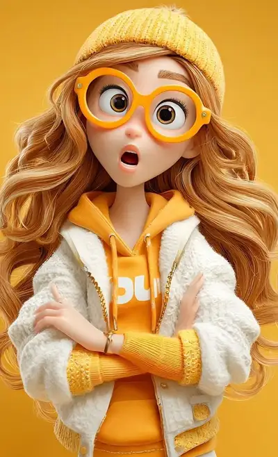 黄色い冬服のピクサー風3Dカートゥーン少女