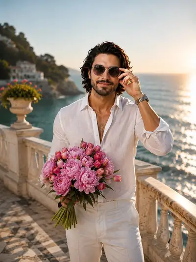 花を持つおしゃれな男性を写した、海辺のゴールデンアワーポートレート