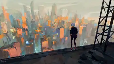 3D-animierte Verfolgungsjagd im Spider-Verse-Stil durch eine Cyberpunk-Stadt