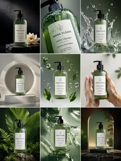 3x3 grid luxury advertising campaign for a soap bottle