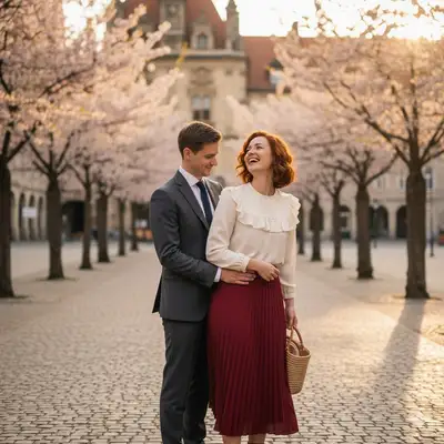 Pareja romántica bajo los cerezos en flor