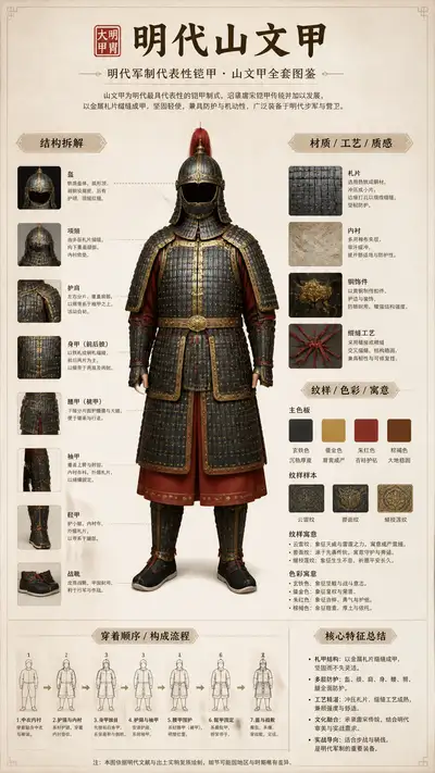 Infográfico chinês estilo museu detalhando a armadura da dinastia Ming