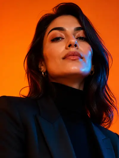 High-fashion editorial portrait with orange studio backdrop
