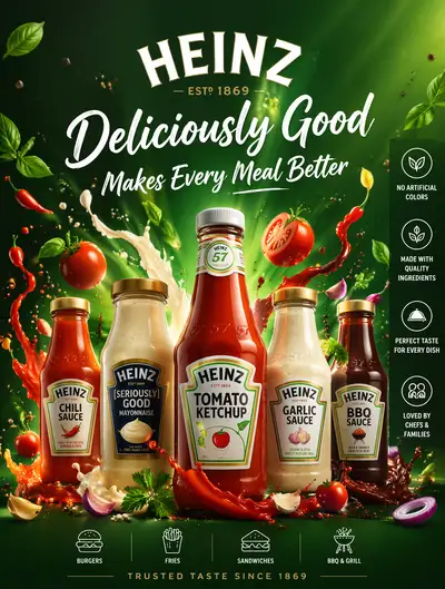 Heinz condiments commercial advertisement with fresh ingredients