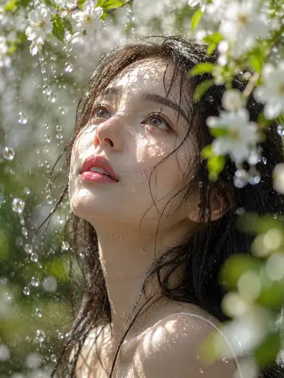 Ethereal Rain-Kissed Floral Beauty Portrait
