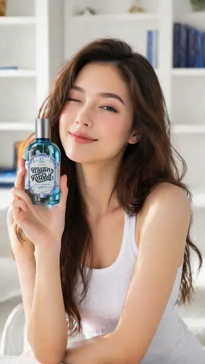 Beauty campaign close-up with a woman holding a perfume bottle