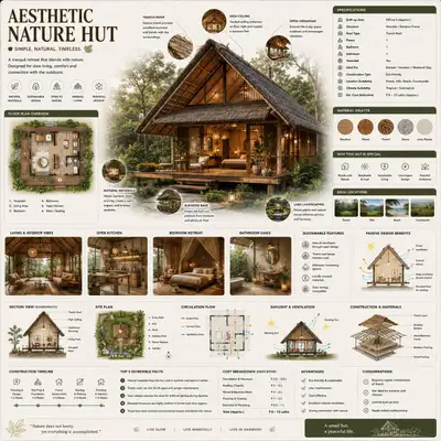Eco-architecture nature hut reference infographic