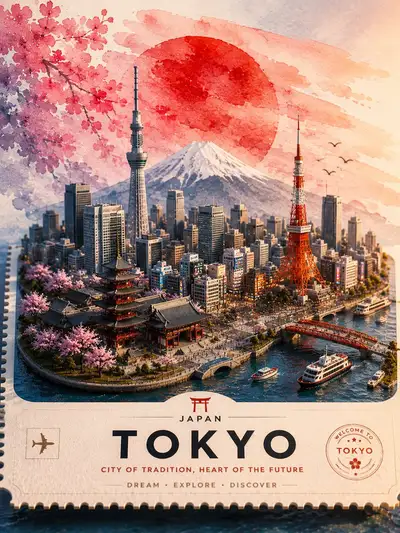 Vintage Tokyo Travel Poster Illustration