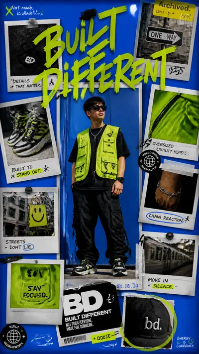 Streetwear-Kampagnenposter im Polaroid-Fotowand-Stil