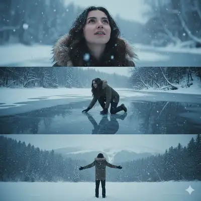 Escena de nieve cinematográfica con mujer joven