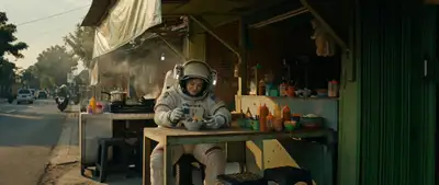 Astronauta comiendo bakso en un puesto de comida callejera