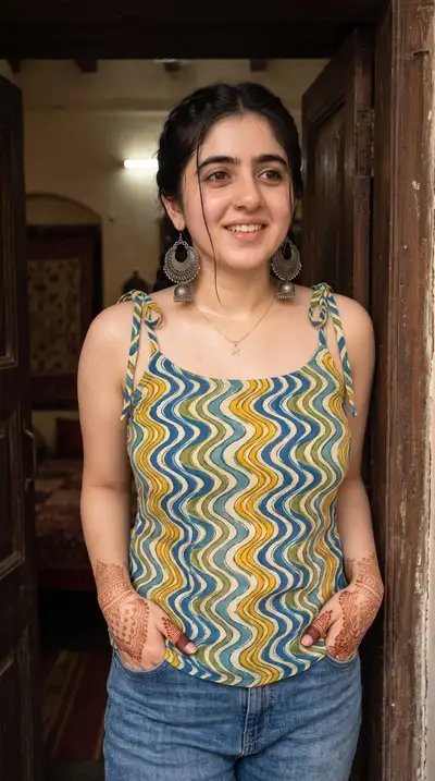 South Asian woman doorway portrait with henna