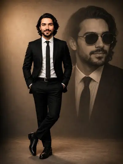 Confident tailored-suit portrait with a double exposure backdrop