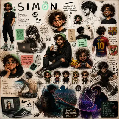 Messy sketchbook character page for Simon with recurring motifs