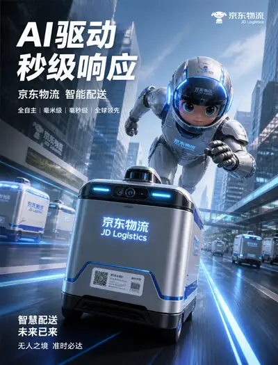 Futuristic delivery robot campaign poster for a logistics brand