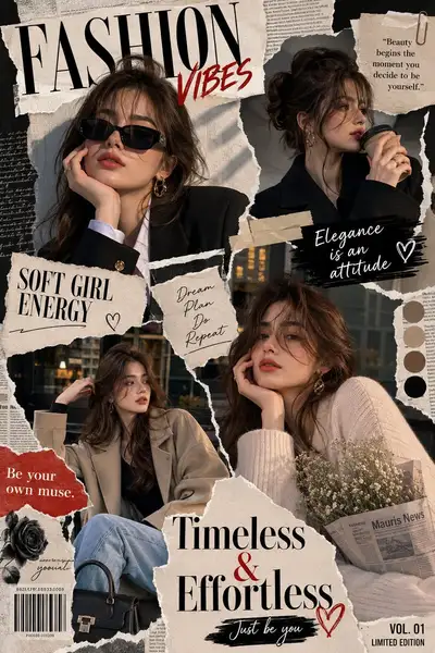 Affiche collage de magazine de mode en papier déchiré avec 5 poses
