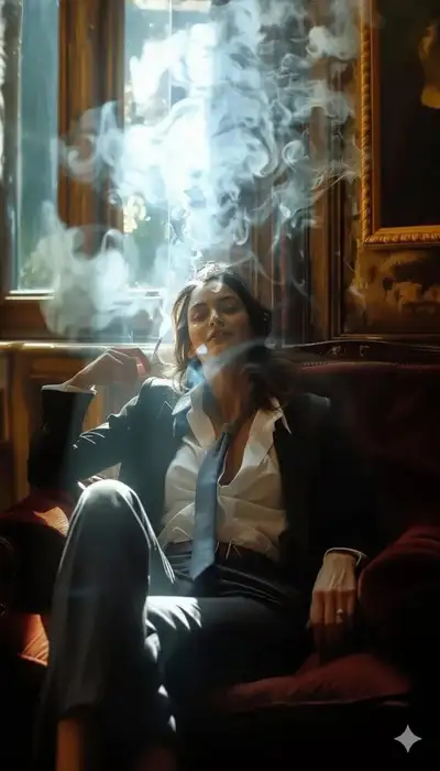 Chiaroscuro portrait of a woman smoking in a vintage study