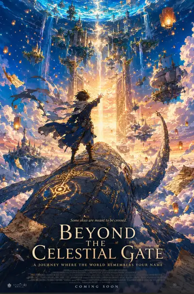 Anime fantasy movie poster with a girl atop a stone guardian