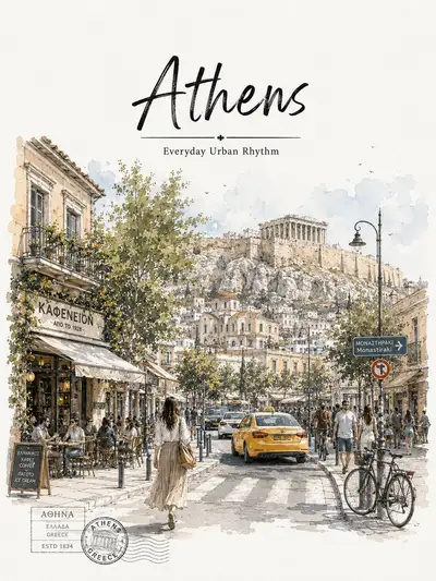 Athens Watercolor Travel Poster Prompt
