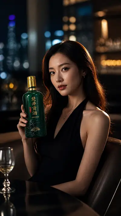 优雅酒吧肖像，配高级中国白酒瓶