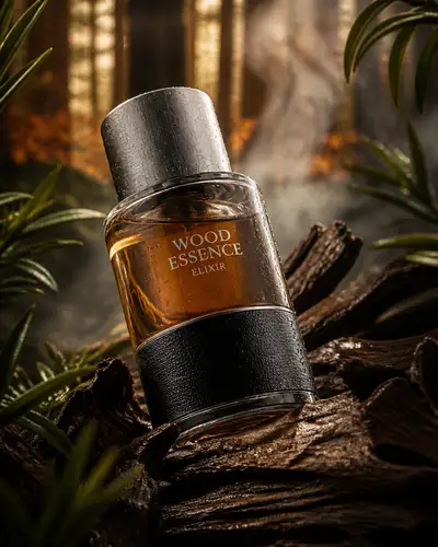 Perfume bottle product shot in an autumn oud forest scene