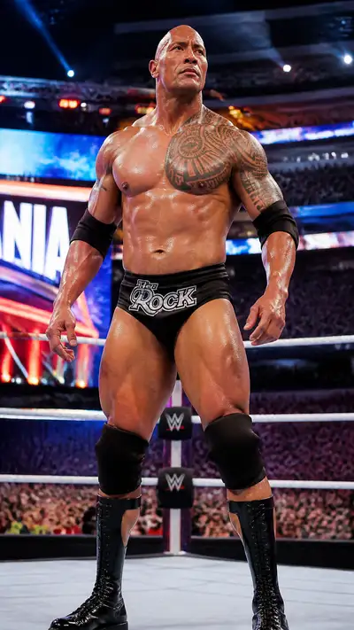 Hyper-realistic wrestling portrait of The Rock in a stadium