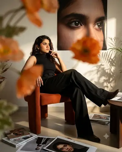 Retrato editorial cinematográfico en sillón naranja