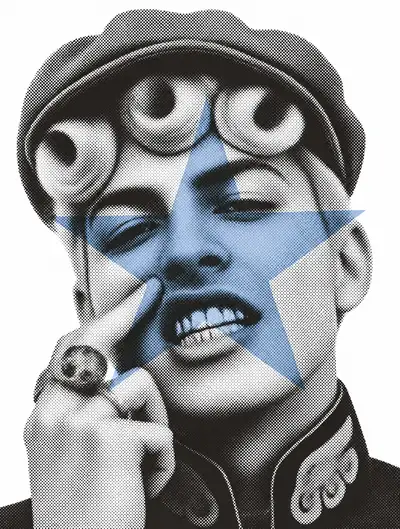 Pop-art halftone portrait with star mask over the face