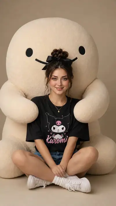 Studio Photo of Woman with Kuromi Shirt and Plush Character