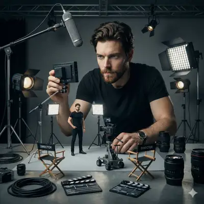 Woman directing her own miniature behind-the-scenes set