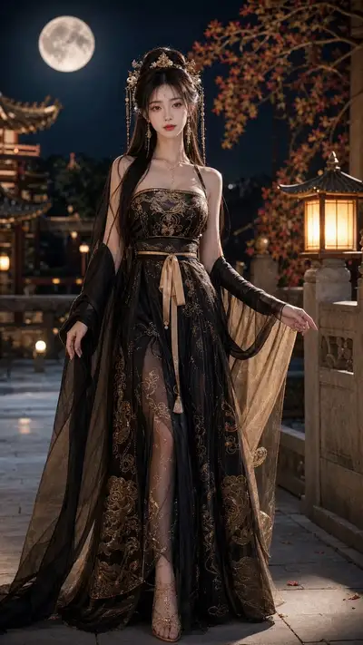 Traditional Chinese hanfu fashion portrait with gold embroidery