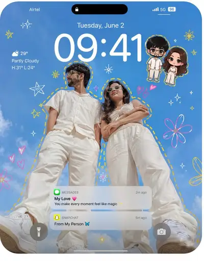 Trendy couple iPhone lockscreen wallpaper with doodles