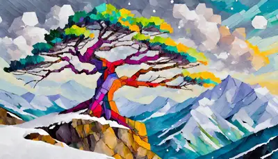 Cubist Pine on Snowy Cliff