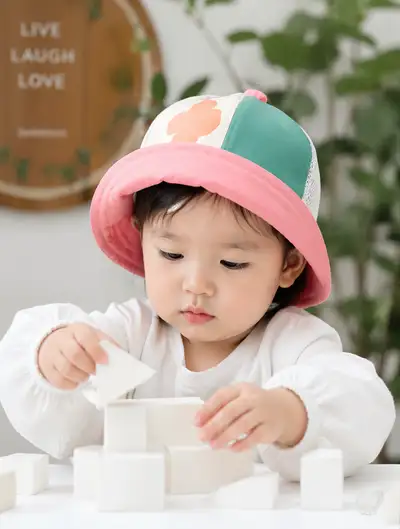 Candid portrait of a toddler playing with toy blocks