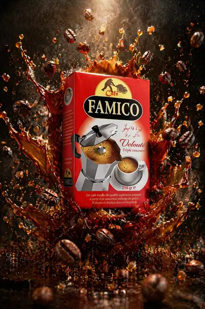 Cafe Famico red coffee pouch with splashing coffee liquid