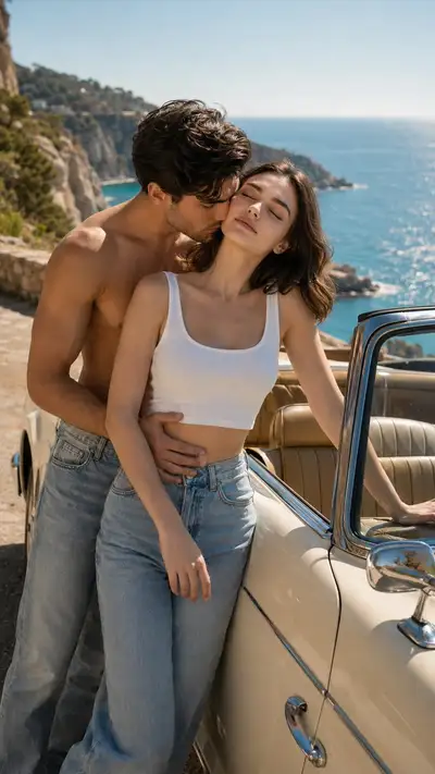 Retrato romântico de casal cinematográfico de luxo ao lado de um conversível clássico