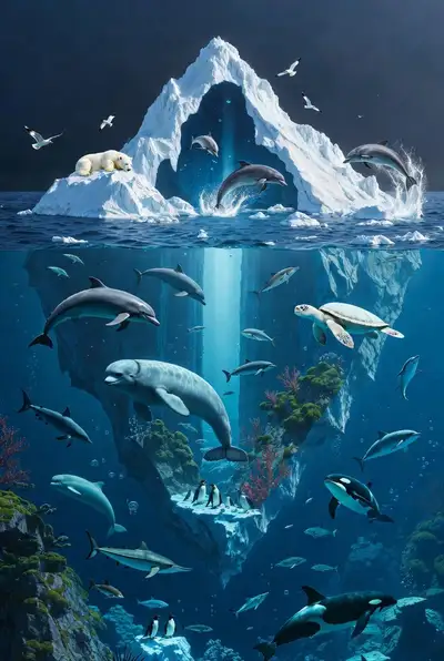 Epic Surreal Split-View Arctic Ocean Iceberg Scene