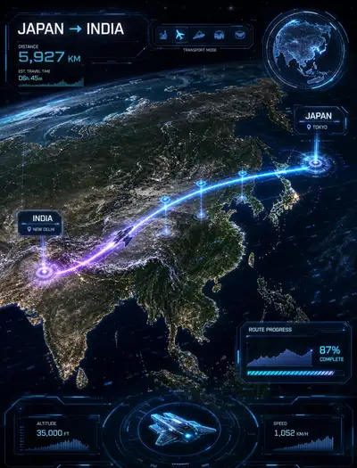 Futuristic Holographic Travel Route Map Japan to India