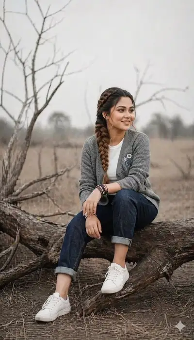 Cinematic Editorial Portrait of Young Woman on Tree Branch