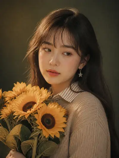 Korean Editorial Portrait with Sunflowers Prompt