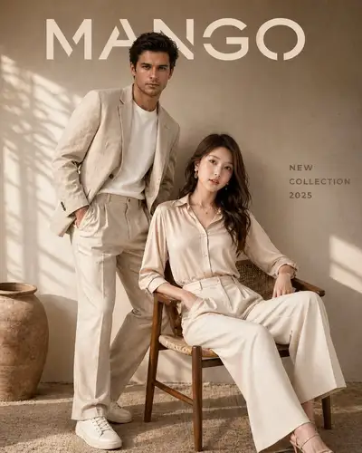 Premium MANGO fashion campaign ad with face-swapped models