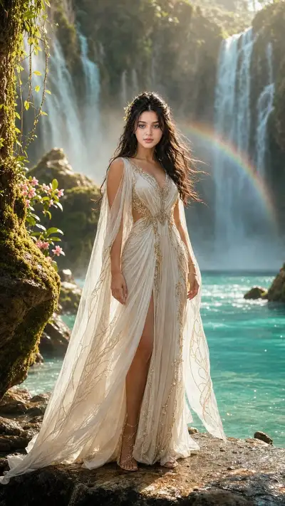 Cinematic Fantasy Portrait of a Woman by a Waterfall