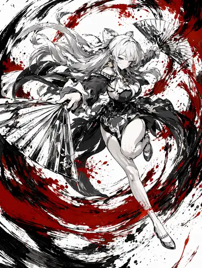 Anime battle character with folding fans (Chinese)
