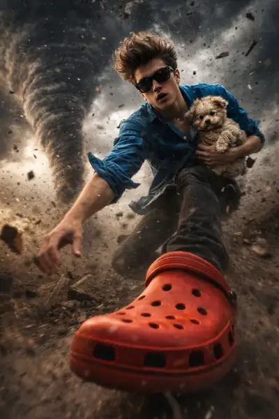Retrato surreal de um tornado com um cachorro e Crocs vermelhas