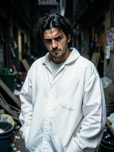 Defiant Man in Oversized White Clothing